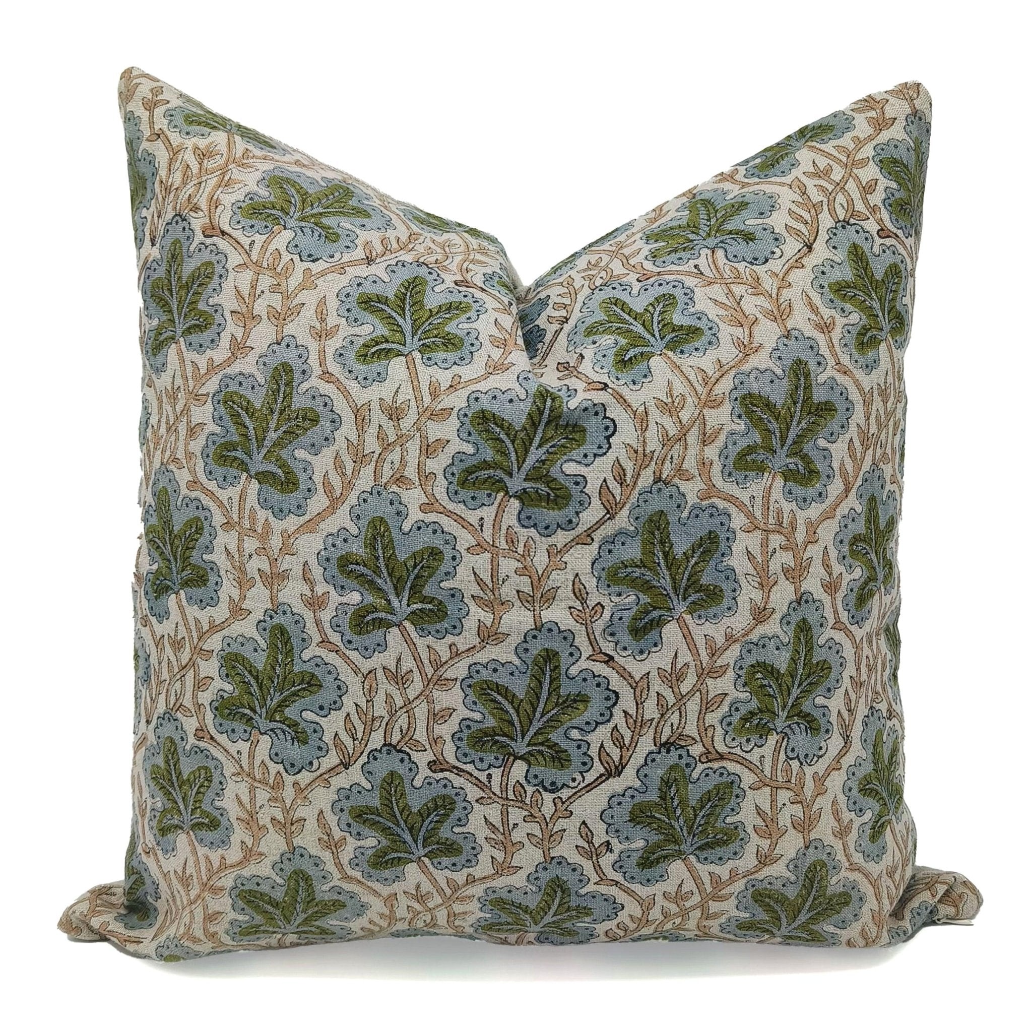 Hand block print pillow cover,green and natural floral pillow cover authentic ,Natural linen lumbar pillow cover.12x20”14x20”14x34(fit 14x36”insert)