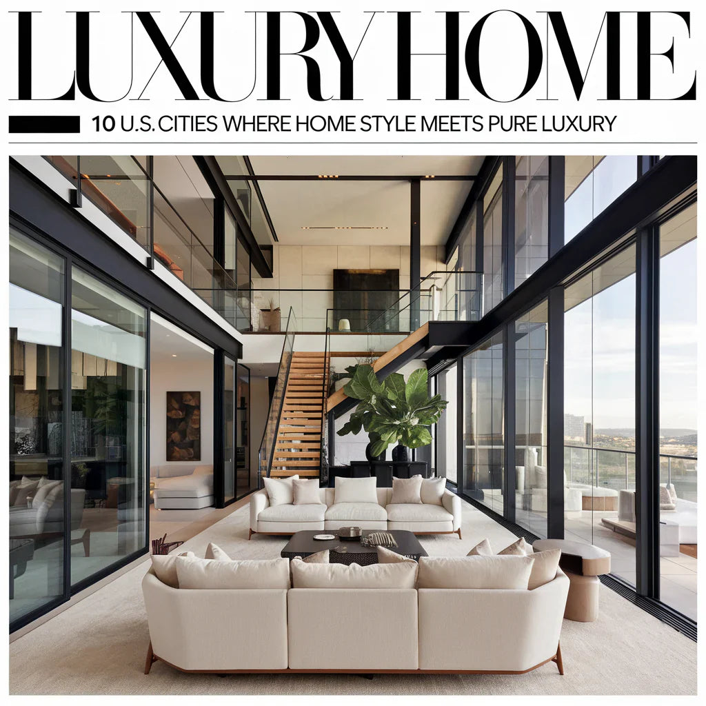 A cover image of a luxury home magazine with the text "10 U.S. Cities Where Home Style Meets Pure Luxury". The image includes a photo of a luxurious home with a modern design