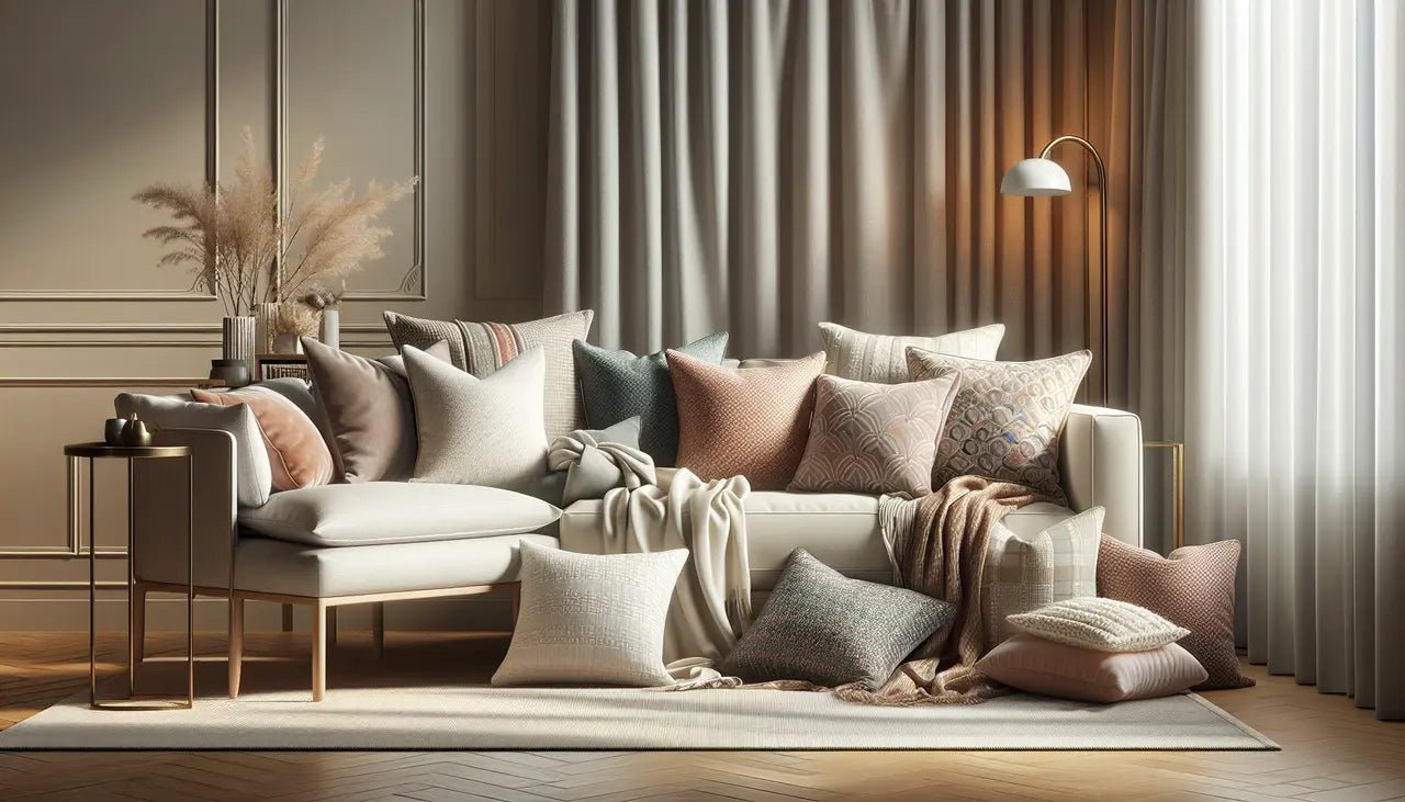 An elegantly designed living room. A plush white sofa is adorned with a variety of decorative pillows in hues of beige, pink, and gray. To the left of the sofa, there's a tall vase with dried pampas grass.