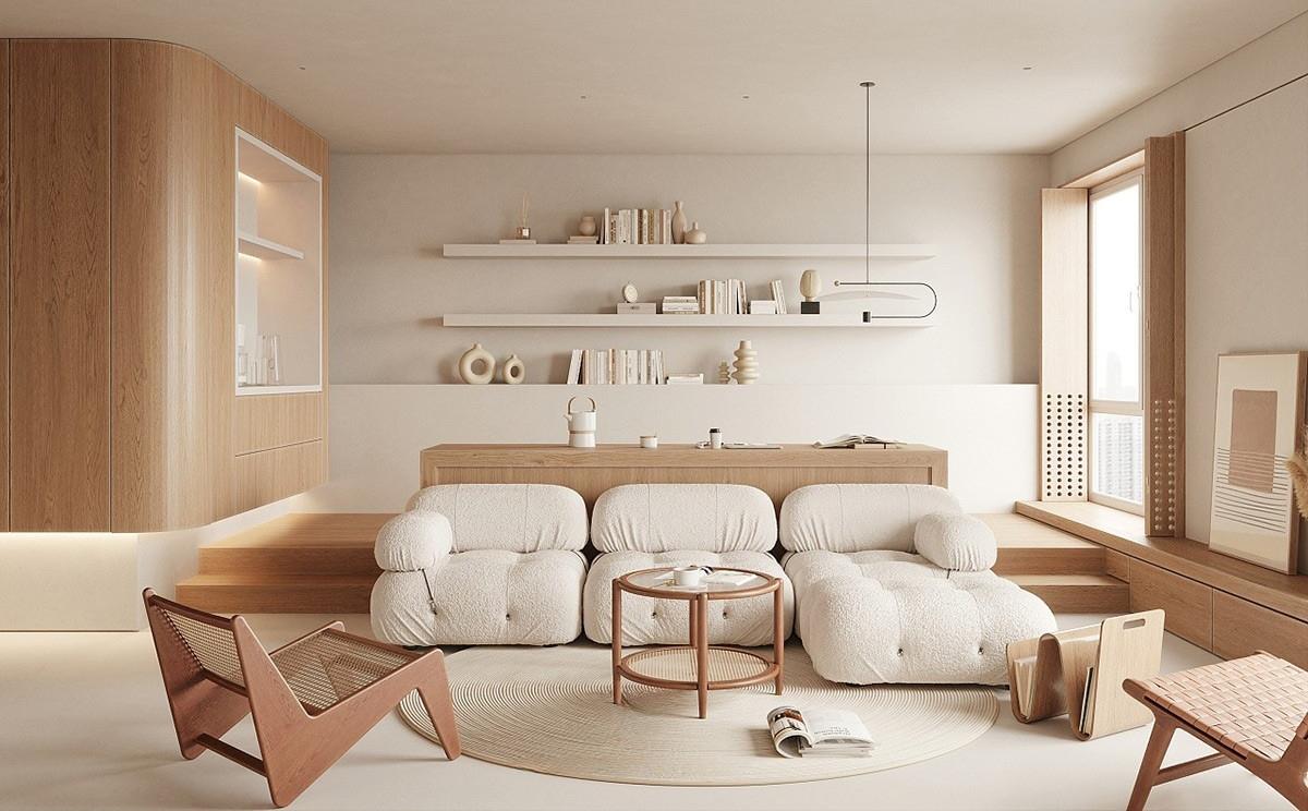 A sleek living room design with white furniture and large windows, enhancing the room's openness and light-filled ambiance.