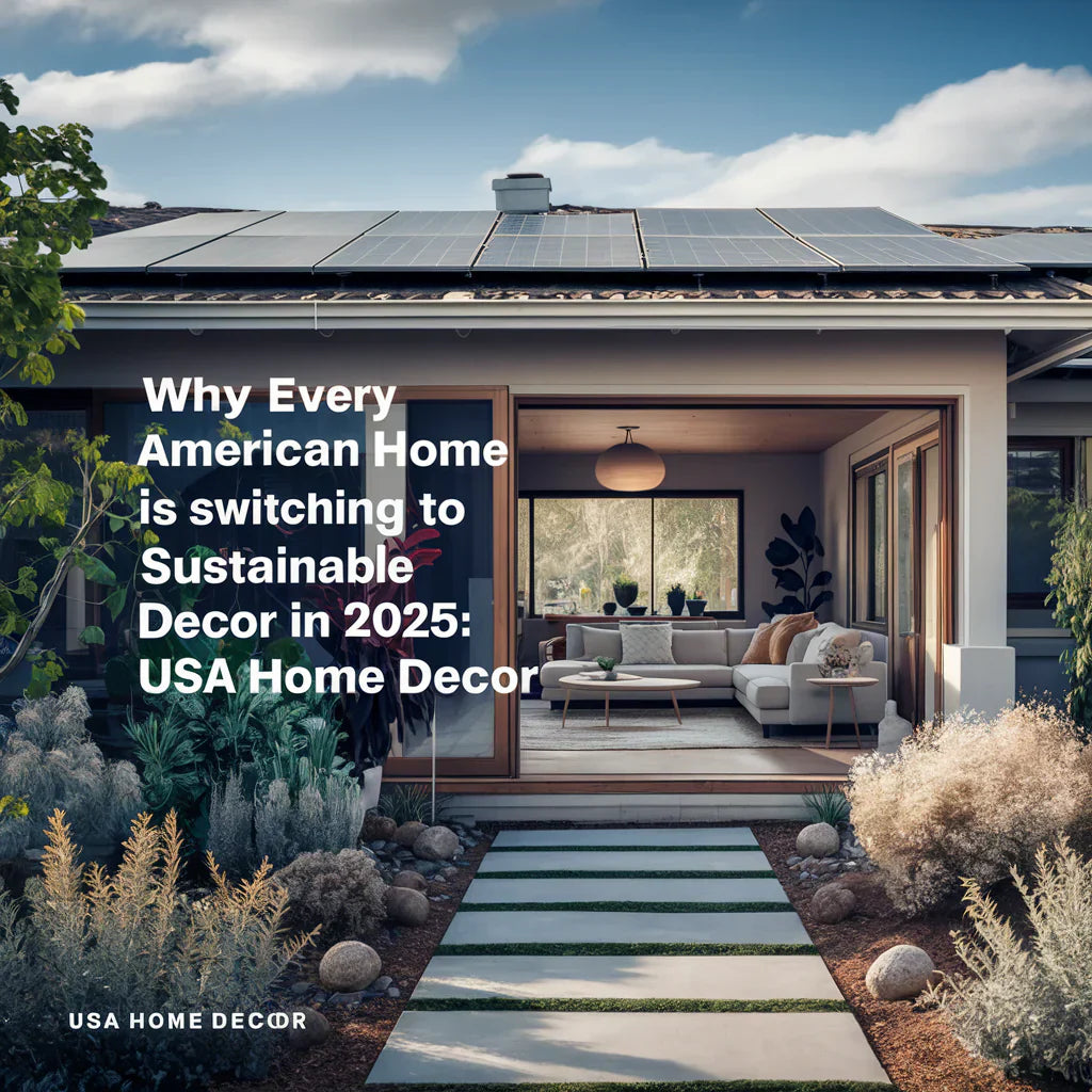  beautifully designed American home with sustainable decor elements. The exterior showcases solar panels on the roof and lush, drought-resistant plants surrounding the property.