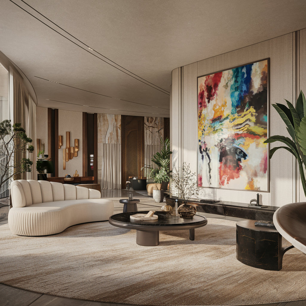 A luxurious living room with a modern design. There's a white sofa with curved lines, a black coffee table with a circular base, and a few plants. A large, colorful abstract painting hangs on the wall. The floor is covered with a beige rug.