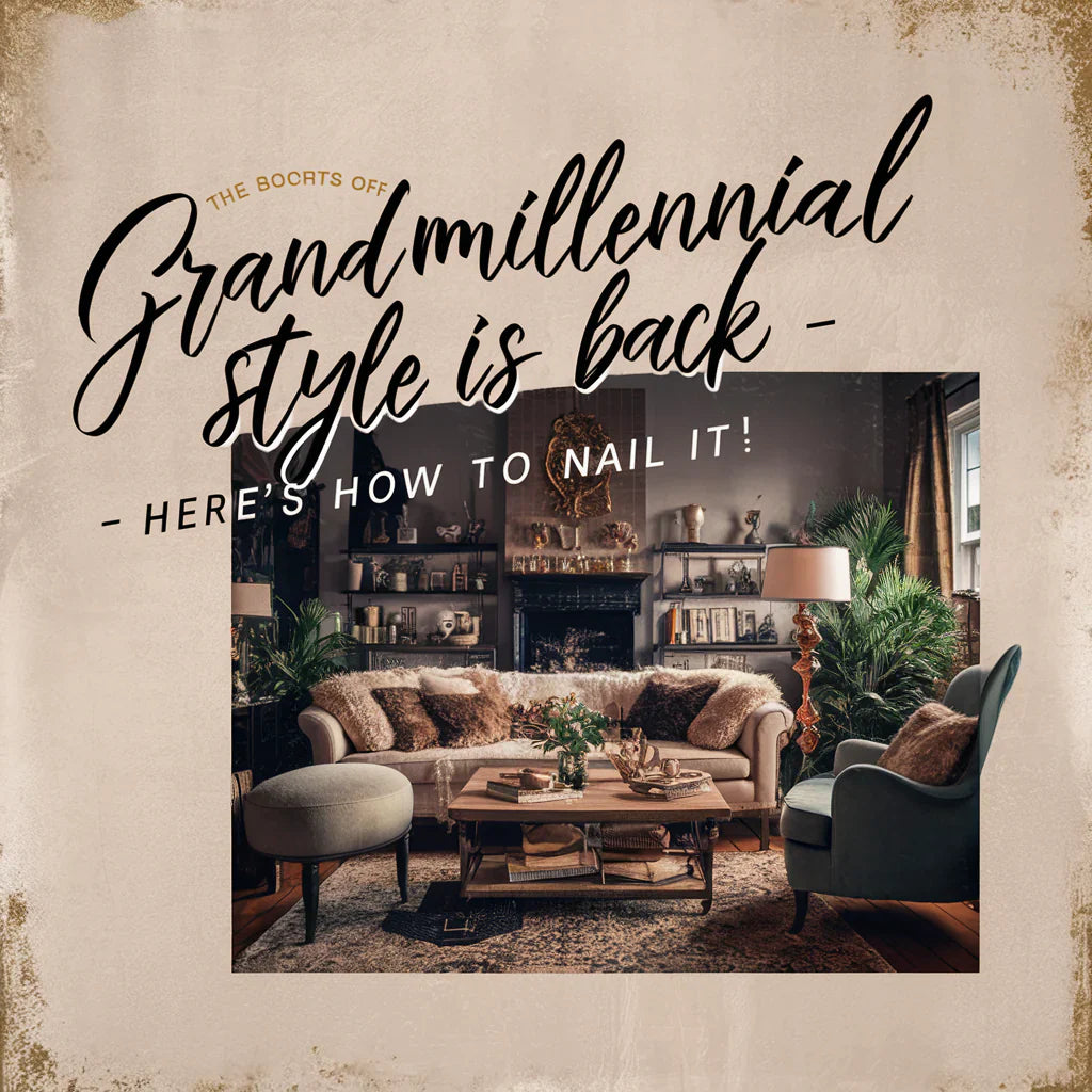 A visually stunning and trendy cover image featuring the resurgence of Grandmillennial style in home decor. The photo showcases a cozy, eclectic living room with vintage and modern elements tastefully blended. 