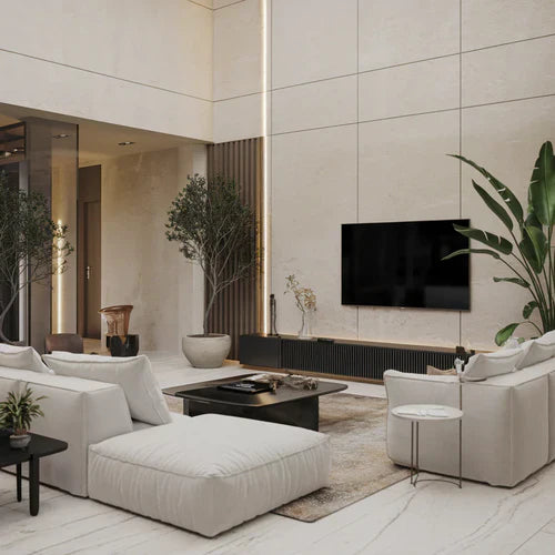 A cover picture of a living room with a modern, minimalist design. The room has a white sofa, a black coffee table, and a few potted plants. There is a wall-mounted TV and a few decorative items. 