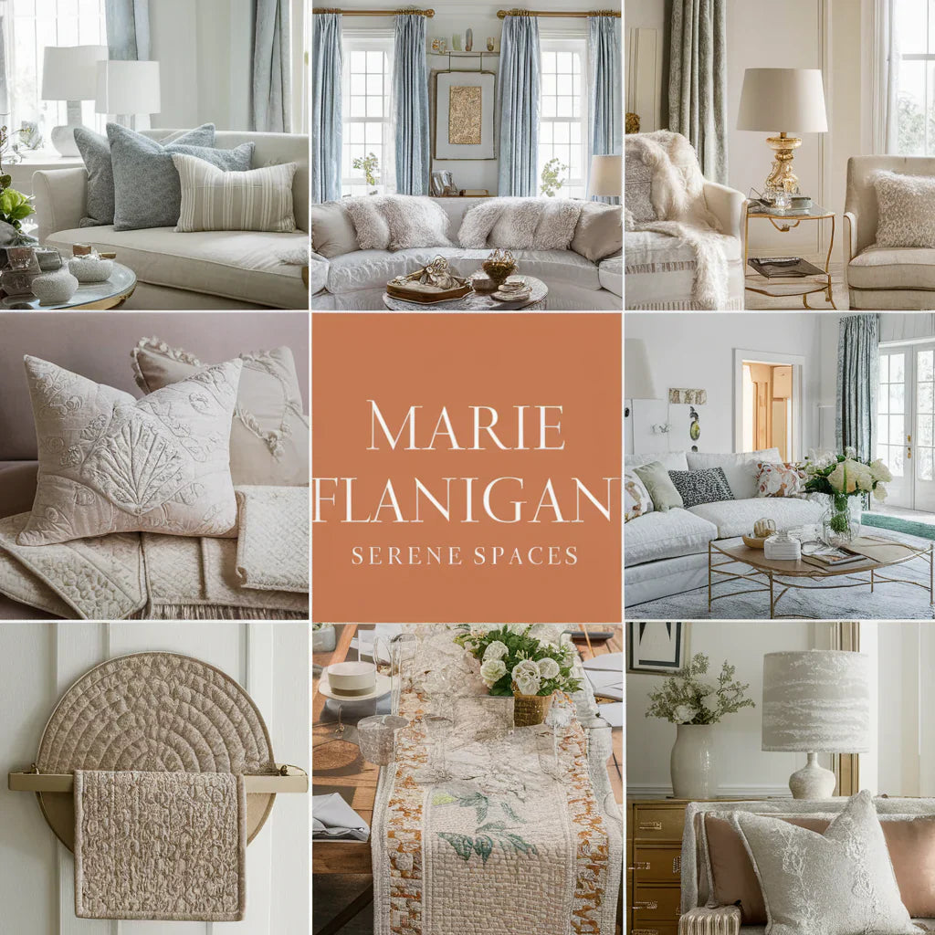 A luxurious and inviting living space, featuring an attractive color palette of soft hues and elegant touches, showcasing various home decor elements. The image highlights plush throw pillows, delicate curtains, cozy quilts, stunning table runners