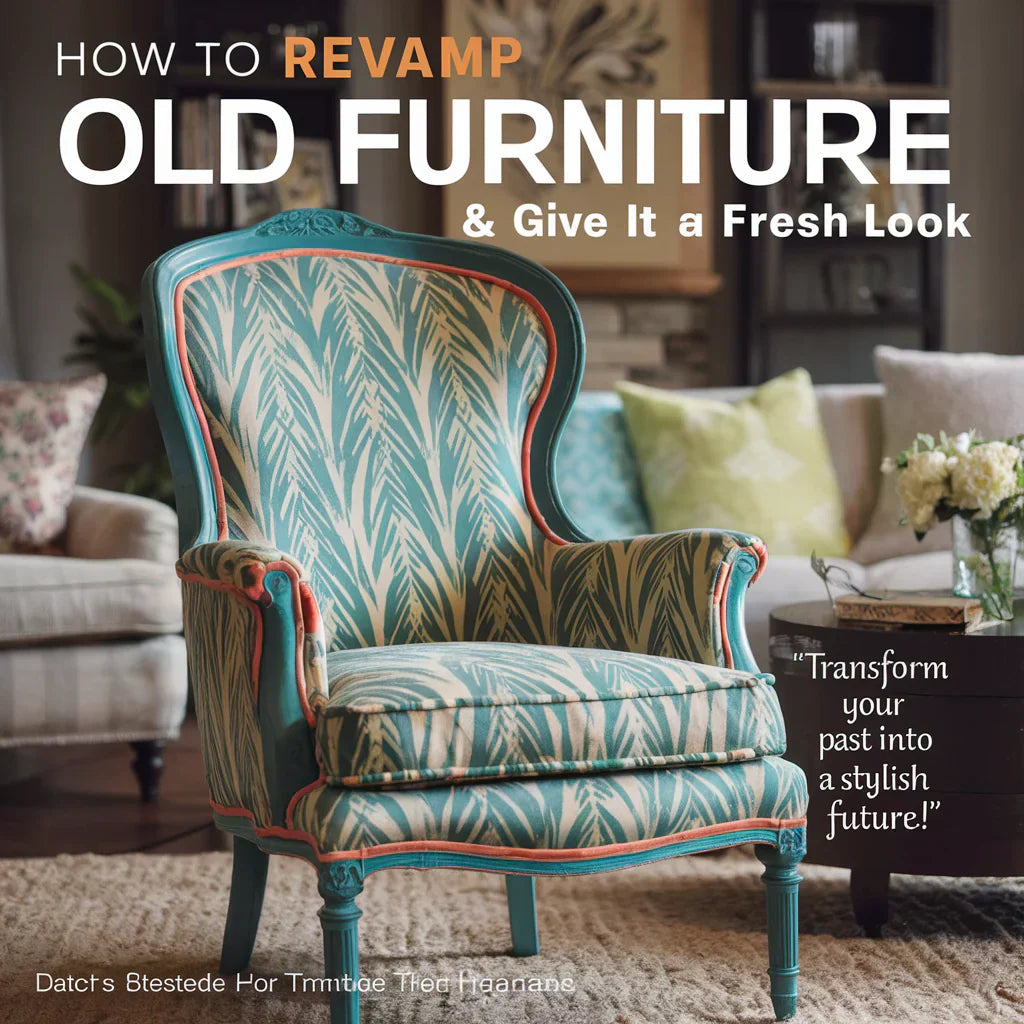 A captivating cover image for "How to Revamp Old Furniture & Give It a Fresh Look" featuring a beautifully transformed vintage chair. The chair is painted in a vibrant, contemporary color, and the upholstery features a stylish, modern pattern.