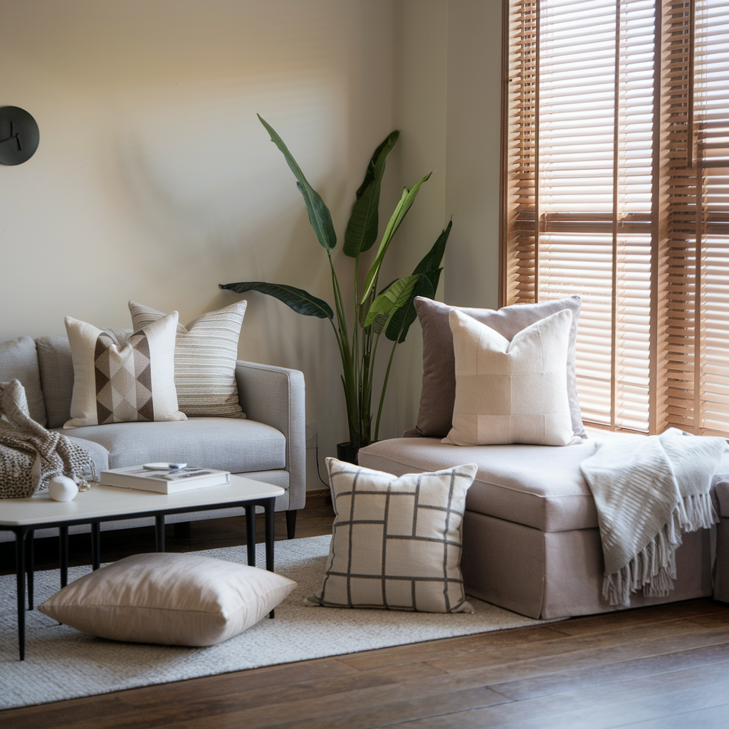 A 2025 interior design guide with a pillow selection. The room has a minimalist aesthetic with a few modern furniture pieces, including a sofa, a coffee table, and a plant