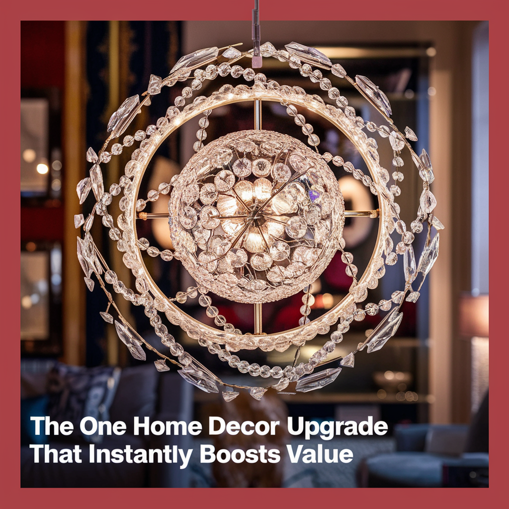  image showcasing a beautifully designed home interior. The featured home decor upgrade is a stunning, intricate chandelier. The chandelier is adorned with crystal elements that reflect light throughout the room, creating a sense of elegance and luxury.