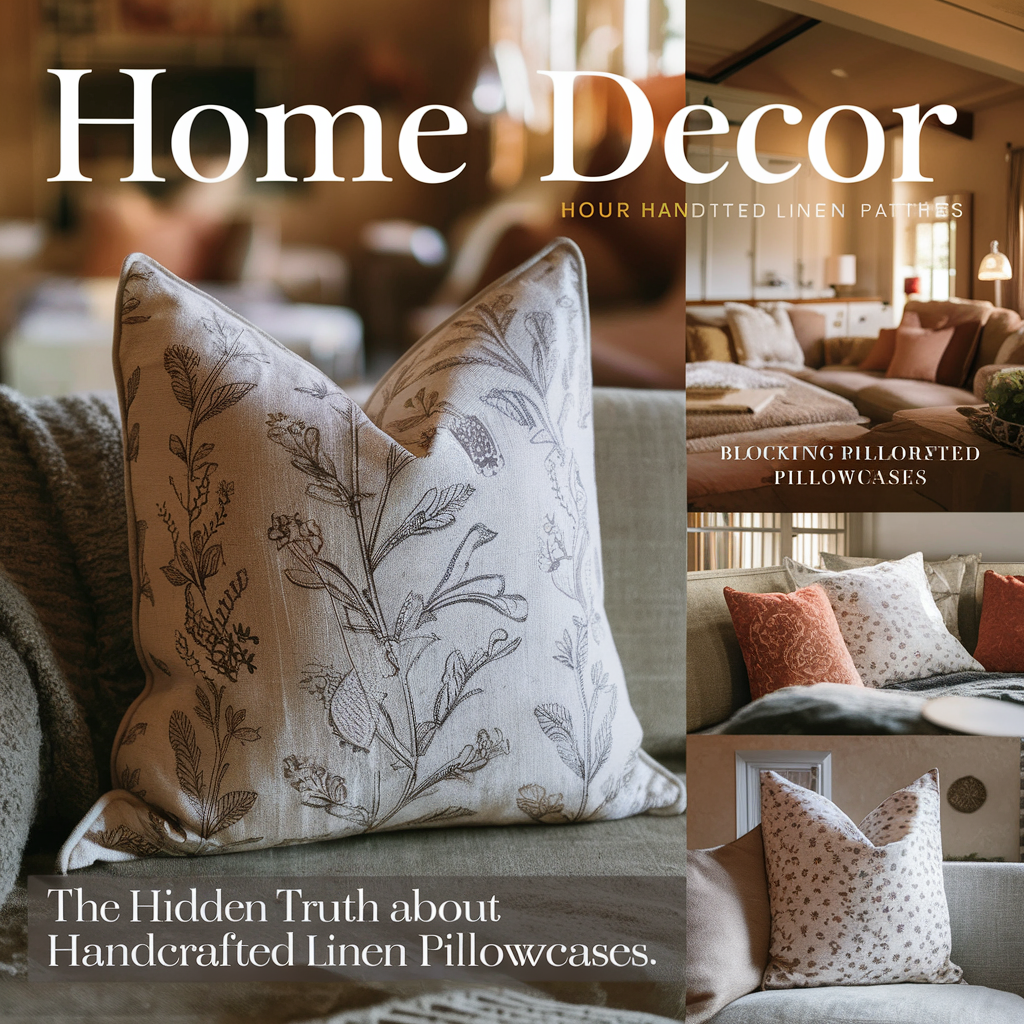 A captivating home decor cover image showcasing a cozy, inviting living room with a charming atmosphere. The centerpiece is a soft, block-printed linen throw pillow.