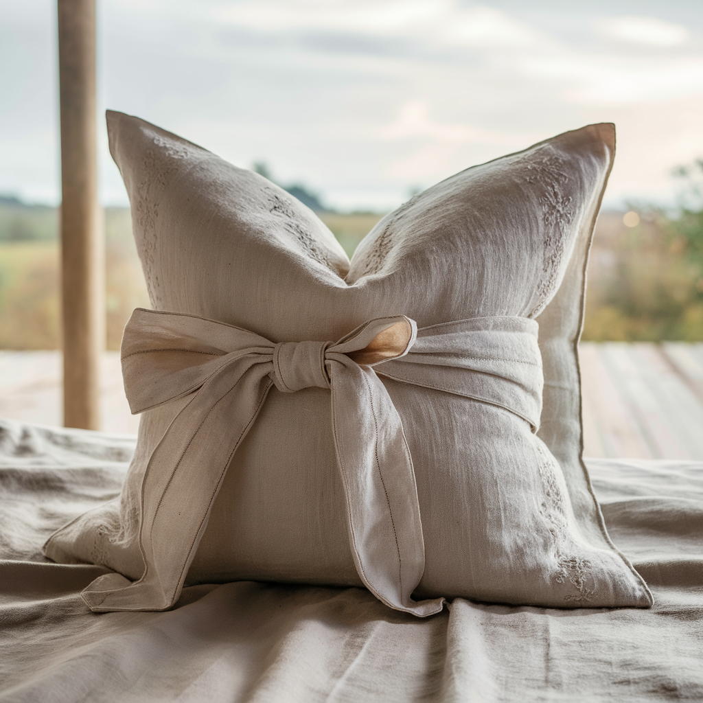 A captivating image of a luxurious, eco-friendly linen pillow cover. The pillow cover is presented on a soft, neutral-toned bed, with a serene outdoor landscape visible through a large window.