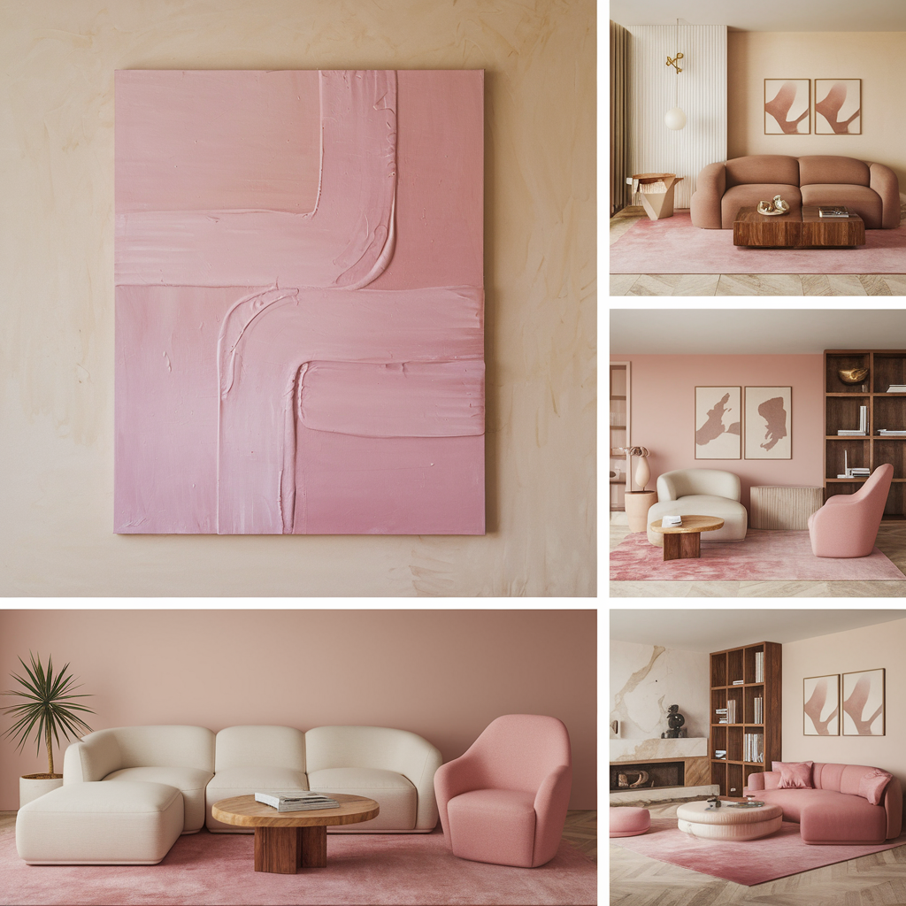 A collage of five images. The first image is a beige wall with a large, pink, abstract painting