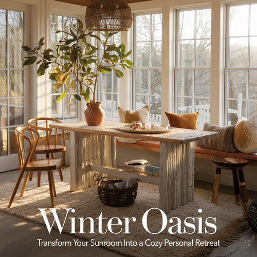 A cover image of a book titled "Winter Oasis: Transform Your Sunroom into a Cozy Personal Retreat". The image shows a sunroom with a rustic wooden table, chairs, a potted plant, and a basket