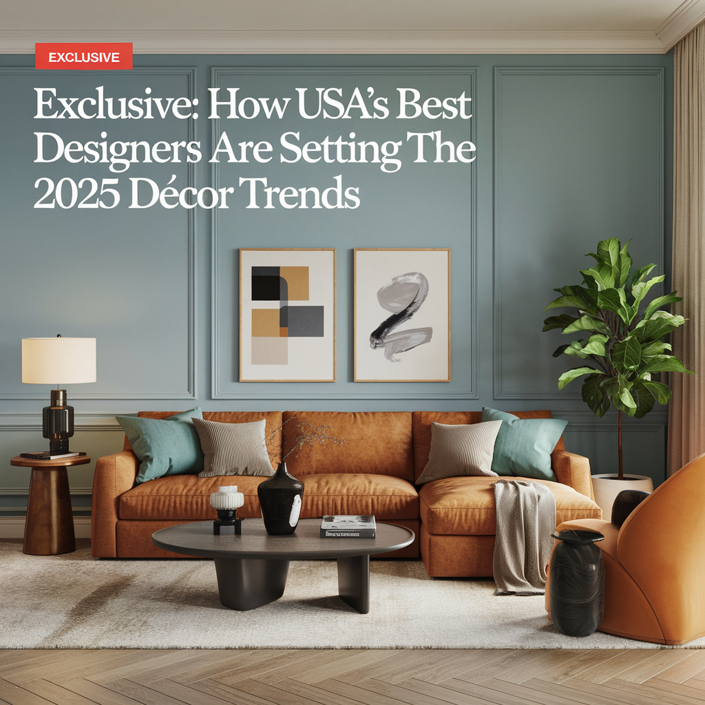 A cover image of an article titled "Exclusive: How USA’s Best Designers Are Setting the 2025 Décor Trends". The image is of a modern living room with a sofa, a coffee table, and a plant.