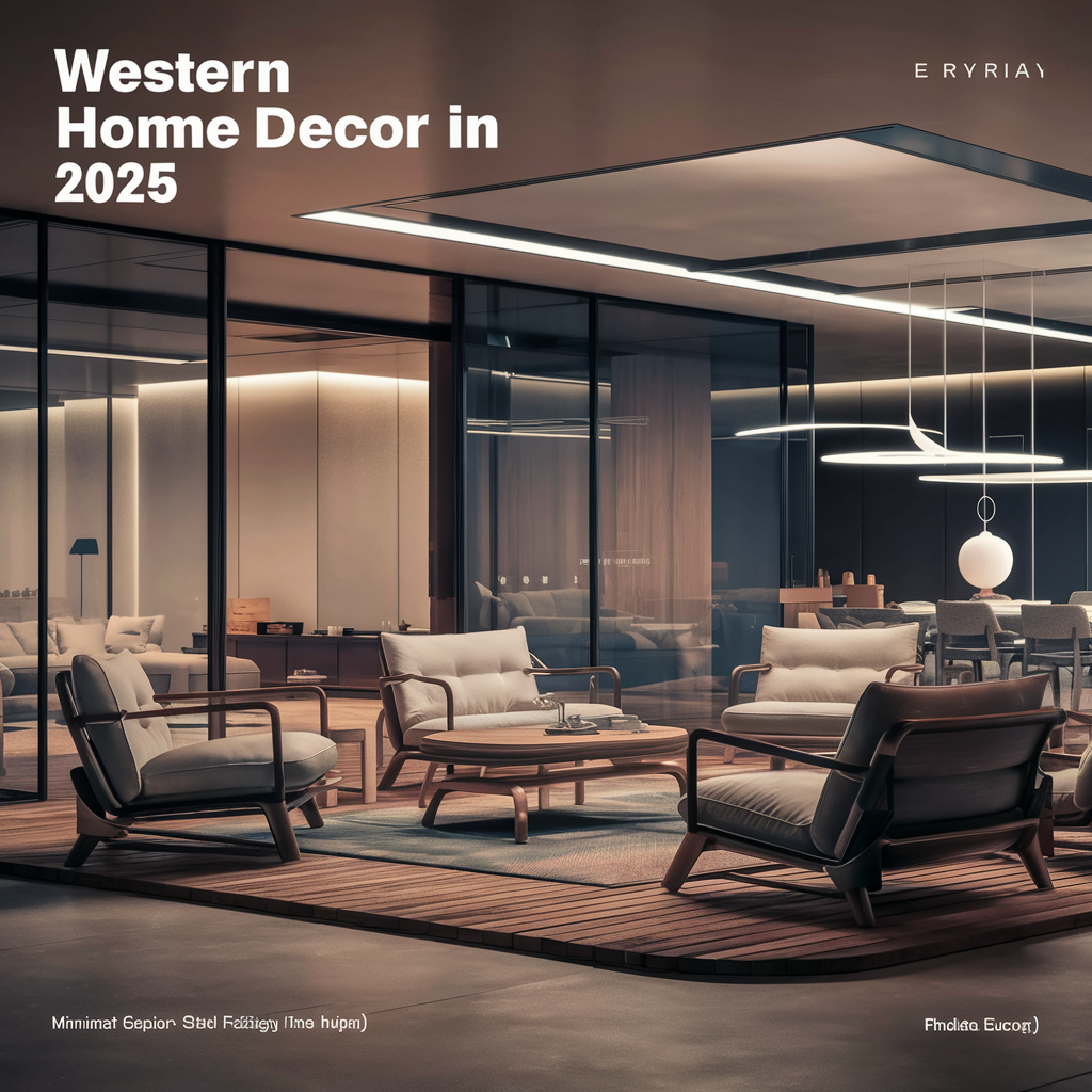 A futuristic vision of western home decor in 2025, showcasing a sleek and modern living space. The room features minimalist furniture made from high-quality materials such as glass, steel, and wood. 