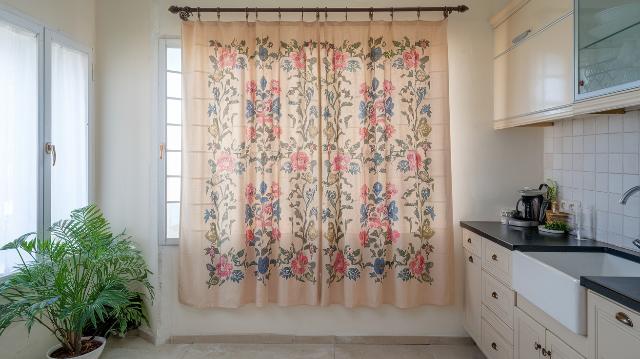 A photo of a kitchen with a beige curtain hanging over a window. The curtain has a floral pattern in pink, blue, and green. The kitchen has a beige cabinet, a black countertop, and a white sink