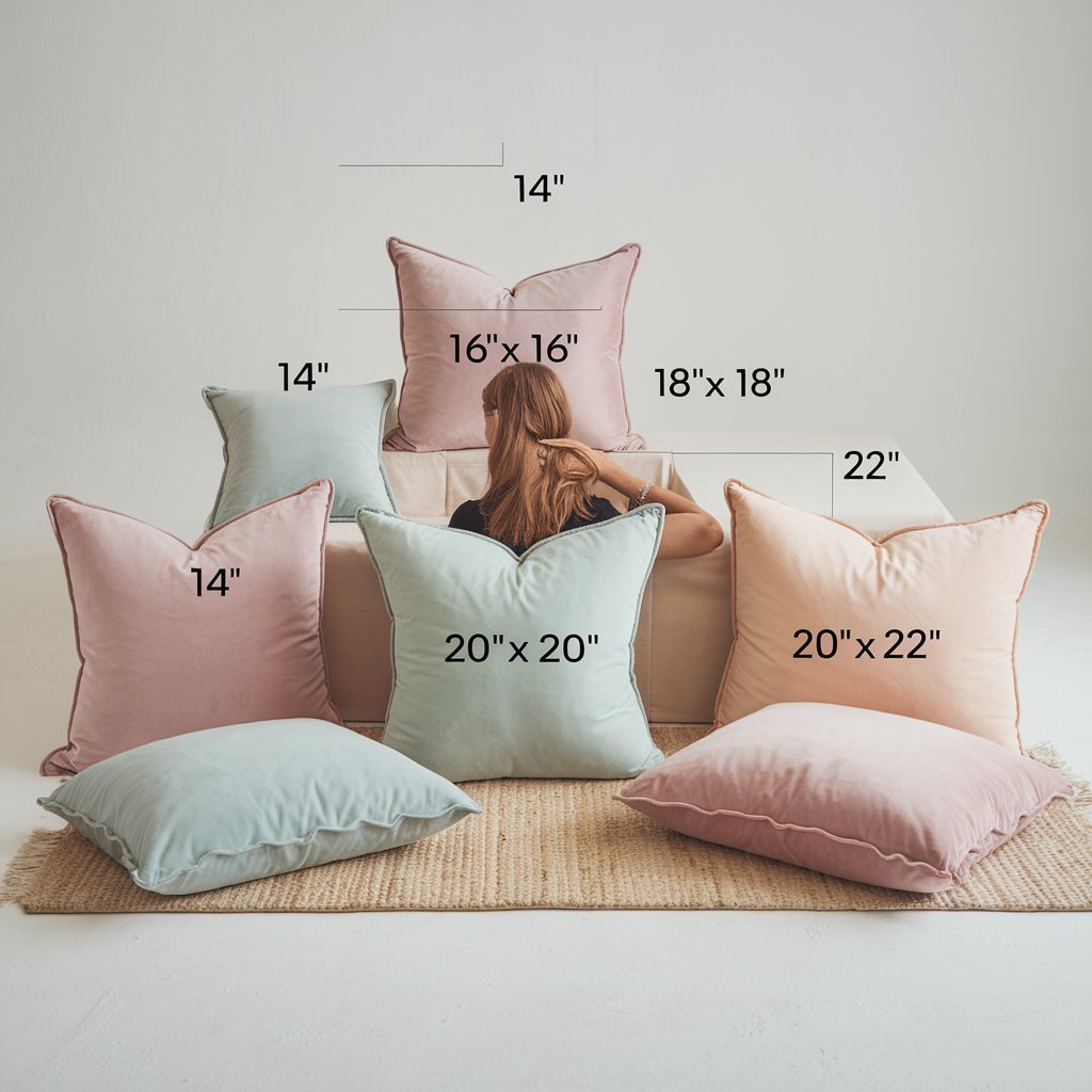 A room with a minimalist design. There are multiple pastel-colored pillows of varying sizes, with each pillow having a distinct measurement label on it. A person with long hair is seated on a beige couch, partially obscured by the pillows.