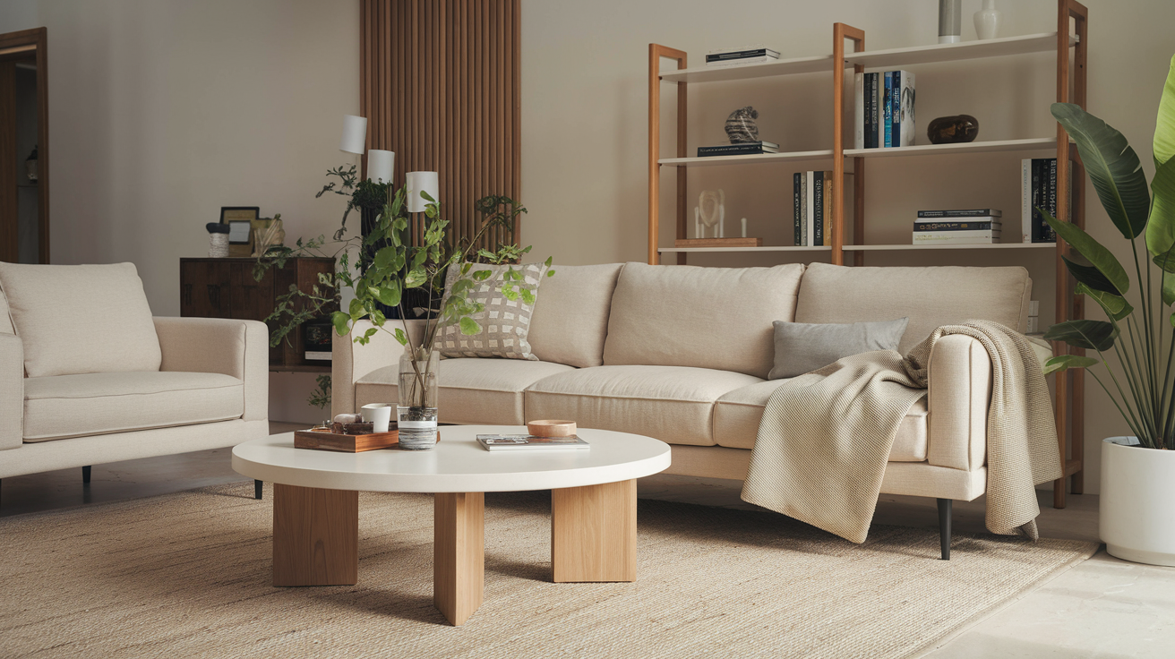 A photo of a living room with a beige sofa, a white coffee table, and a green plant. There is a wooden bookshelf in the background. The room has a beige rug and a few decorative items.