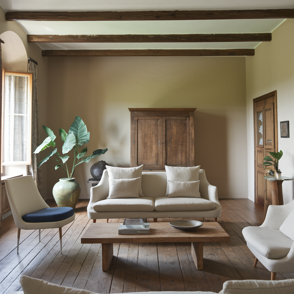 A photo of a living room with a rustic and modern design. There is a beige sofa with two cushions, a white chair with a blue cushion, and a wooden coffee table. There is a green plant in a ceramic pot near the window.