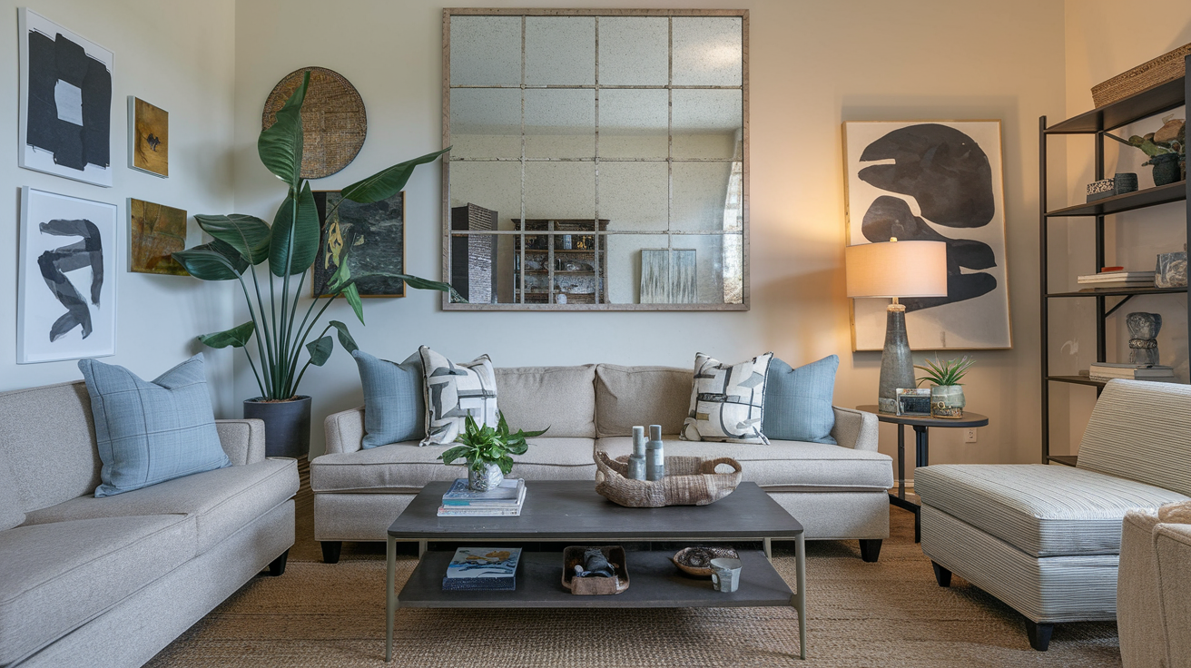 A photo of a living room with a sofa, a coffee table, and a plant. The walls are adorned with a large mirror and several pieces of artwork. The floor is covered with a rug