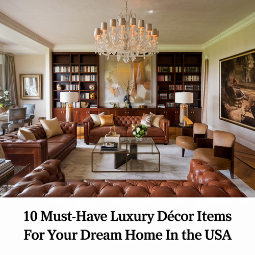 A photo of a luxurious living room with a brown leather sofa, a glass coffee table, and a few decorative items. In the background, there's a large painting and a bookshelf filled with books