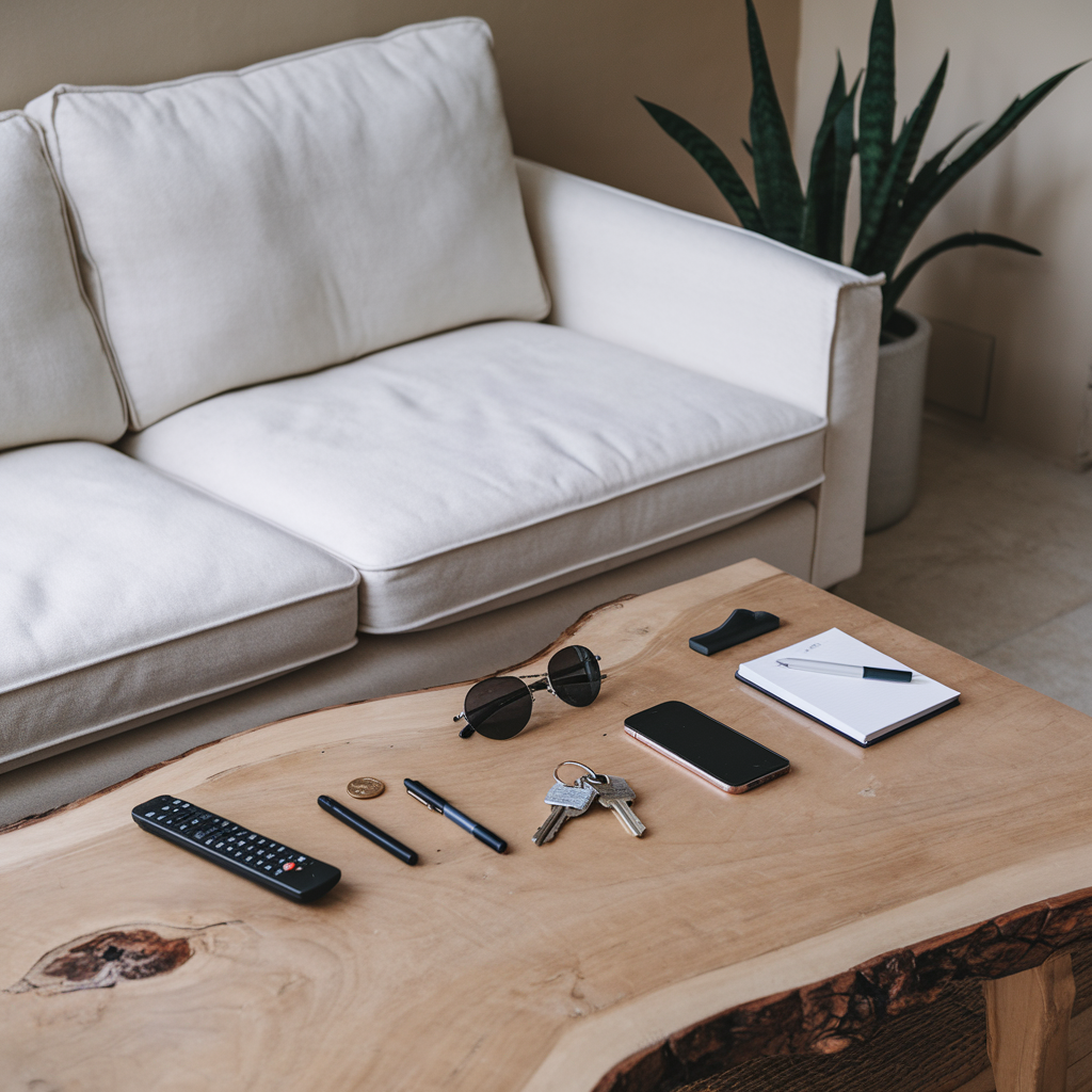 A photo of a minimalist living room with a white sofa, a wooden coffee table, and a potted plant. There are seven items on the coffee table: a remote control, a pair of sunglasses, a smartphone, a pen, a notepad, a set of keys, and a coin