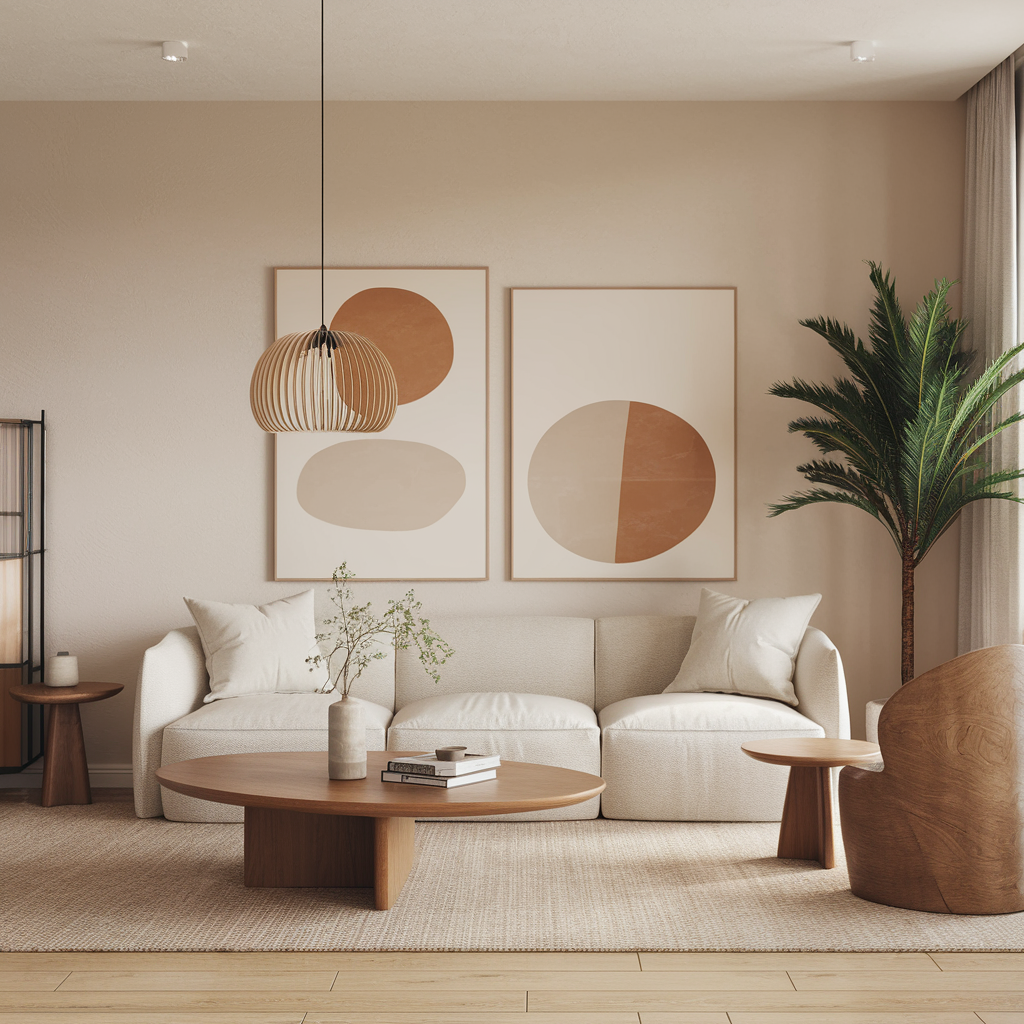 A photo of a modern living room with a few key elements that reflect the interior design trends of 2025. The room has a minimalist design with a few key pieces of furniture. There's a white sofa with a few throw pillows