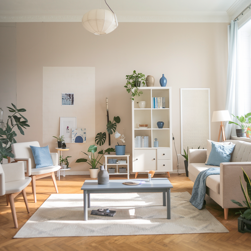 A thumbnail for an article about cozy minimalism in Scandinavian living spaces. The image features a living room with a white sofa, a few plants, a wooden coffee table, and a rug