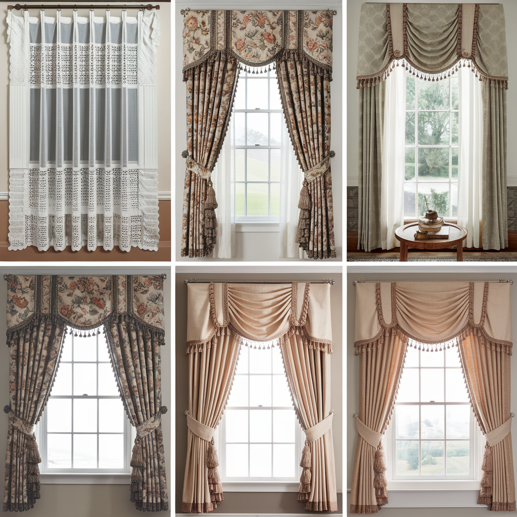 A photo of six outdated window treatment trends. The first is a window with a lace curtain. The second is a window with a floral patterned curtain.