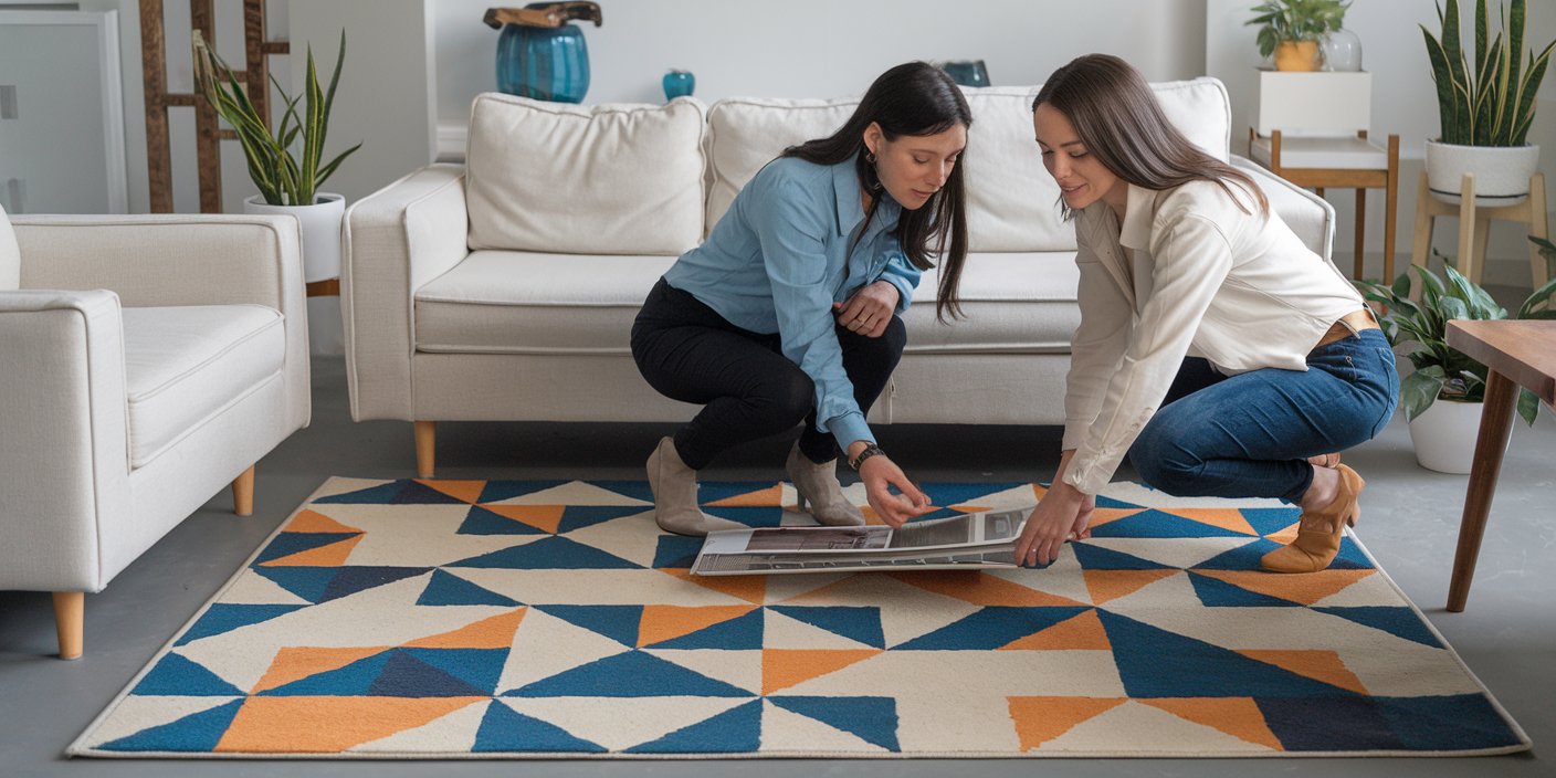 Two women in a well-lit living room. They are both kneeling on a multicolored geometric rug, with one of them pointing towards a magazine or brochure on the floor. Behind them, there's a white couch, a wooden coffee table, and various potted plants. 