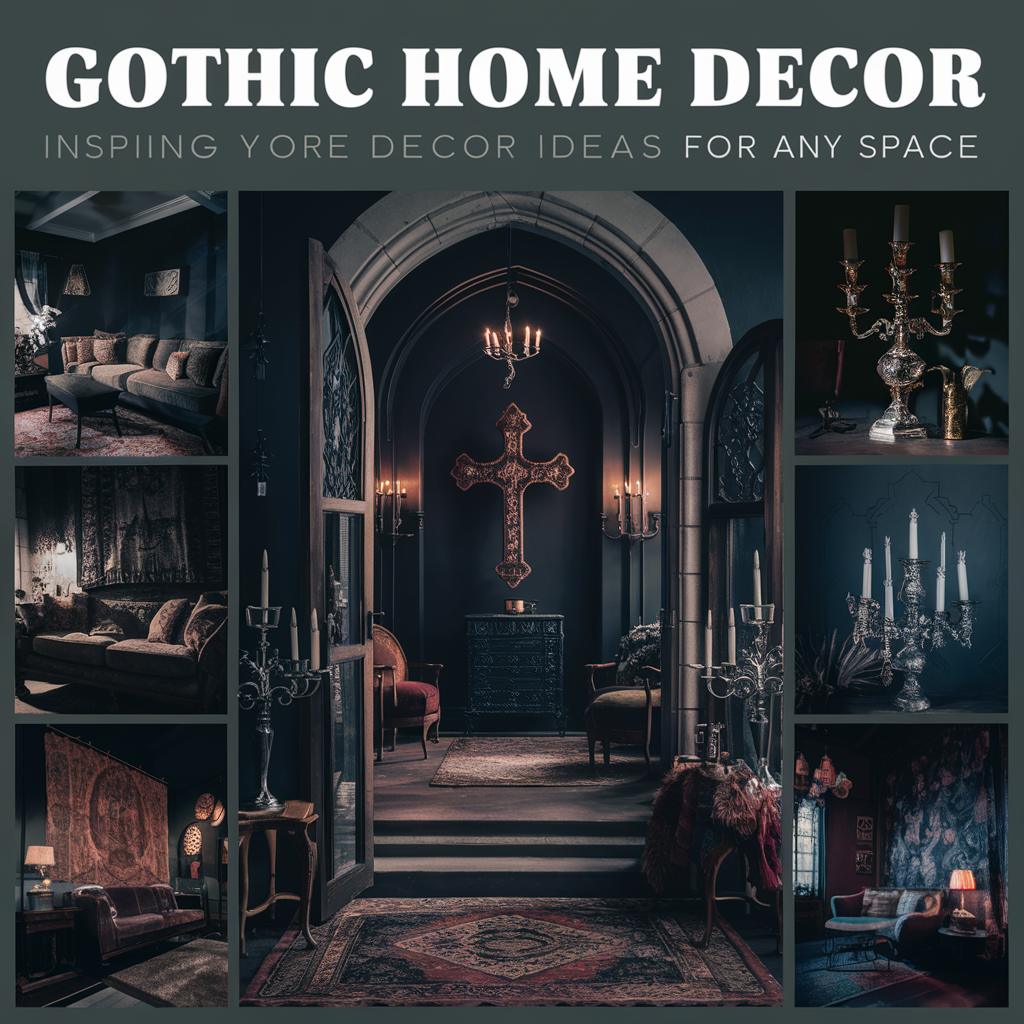 A striking image showcasing various gothic home decor ideas for any space. The scene features a cozy living room with a dark color palette, adorned with elements such as candelabras, antique furniture, and ornate tapestries. 