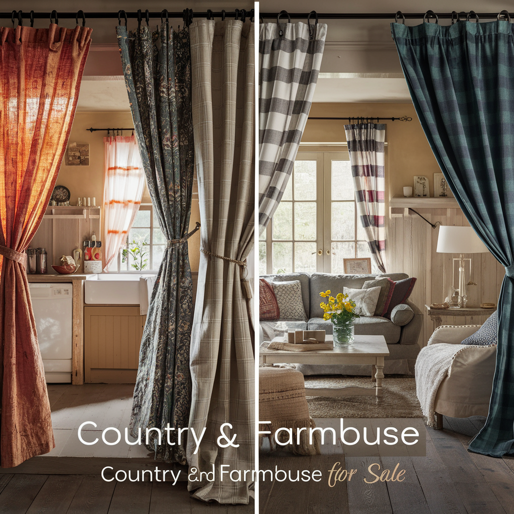 A stunning and cozy living space showcasing an array of beautiful country and farmhouse curtains for sale. The curtains are displayed in different styles and patterns, ranging from floral and geometric to plaid and striped designs