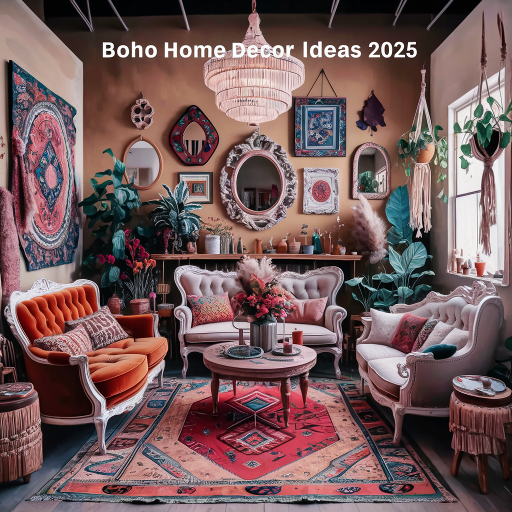 A stunning and creative image for "Boho Home Decor Ideas 2025 - Decor Your Dream House" featuring a cozy living space. The room is filled with eclectic and vintage furniture pieces, such as a plush velvet couch, ornate wooden chairs, and bohemian rugs.