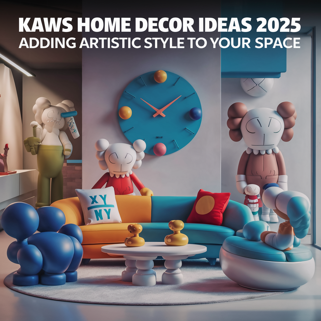 A stunning and eye-catching image for "Kaws Home Decor Ideas 2025 – Adding Artistic Style to Your Space." The scene features a modern living room with a sleek, minimalist design. Key elements of Kaws artistry