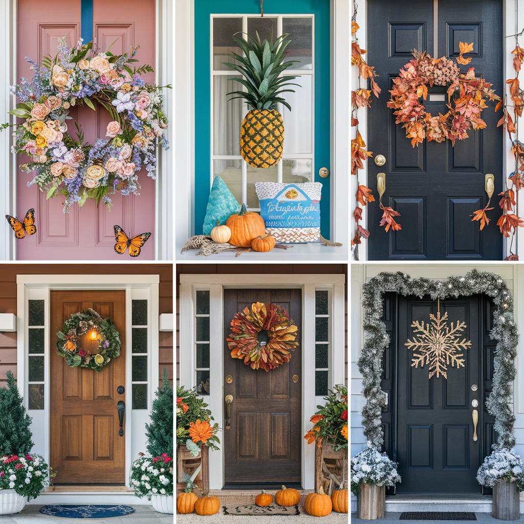 A stunning collection of seasonal front door decor ideas. For spring, a vibrant wreath adorned with pastel-colored flowers and butterflies adorns the door. In summer, a tropical theme is showcased with a pineapple-shaped wreath and beachy decor.