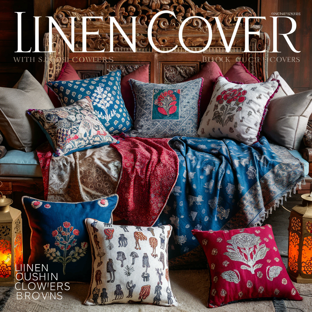 A stunning cover image showcasing a luxurious selection of linen cushion covers adorned with intricate block prints. The cushions feature a variety of patterns, including florals.