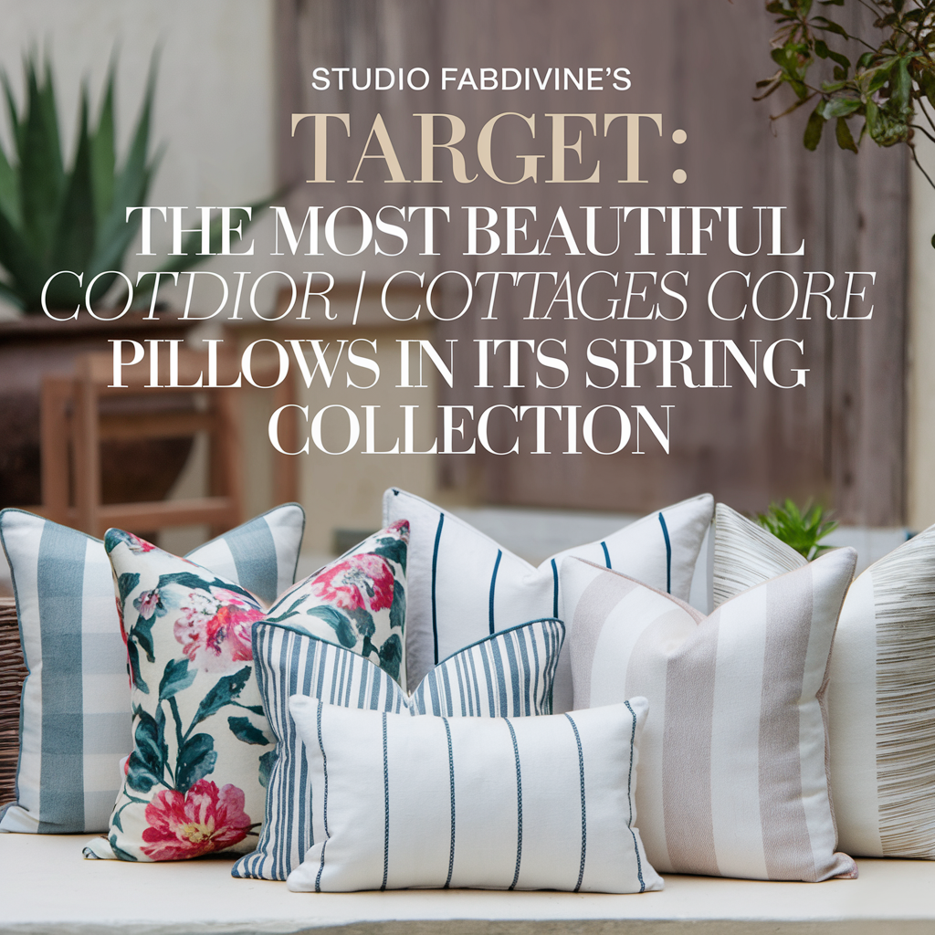 A thumbnail of a blog post about Studio Fabdivine's target - the most beautiful cottages core pillows in its spring collection. The image features a variety of pillows with floral, striped, and solid patterns.