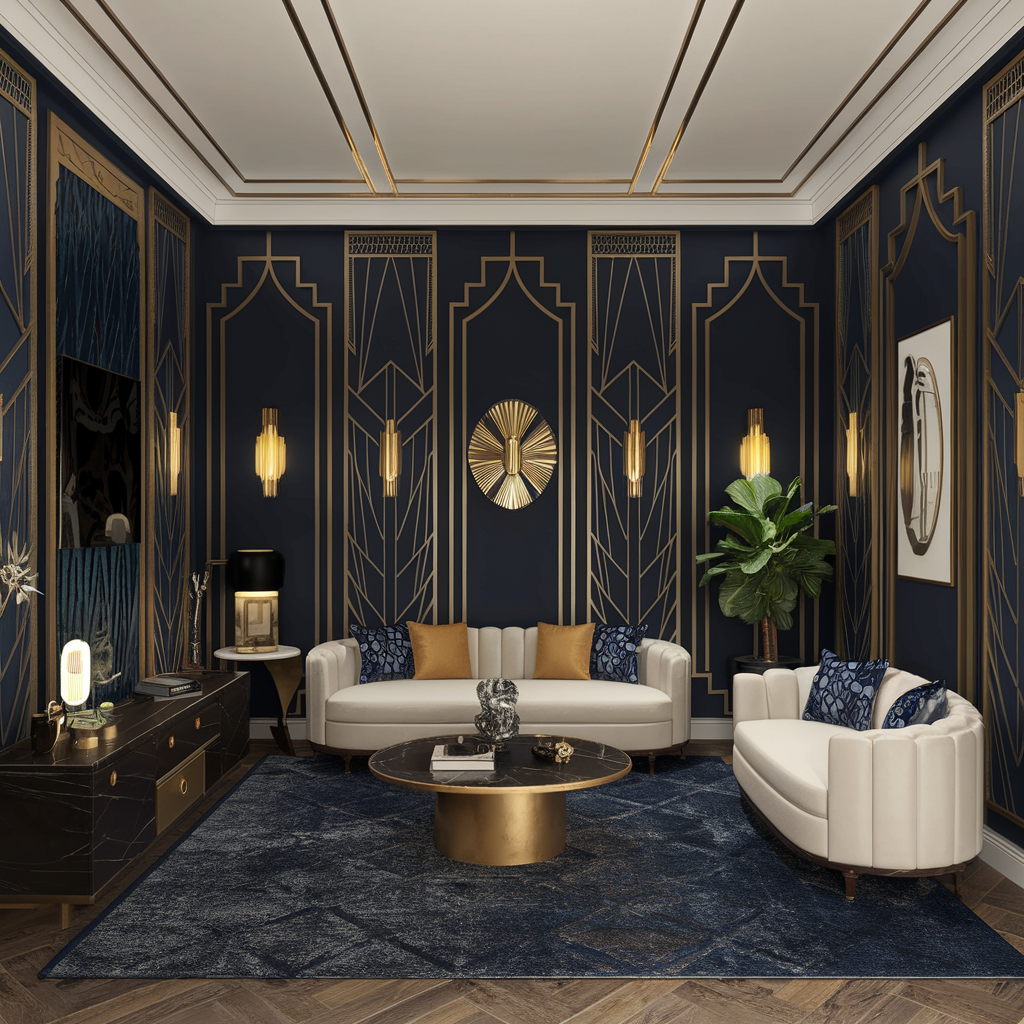 A thumbnail of a room with an Art Deco interior design style. The room has a dark blue background with gold and white accents. There are gold patterns on the wall, a white sofa, a gold coffee table, and a dark blue area rug