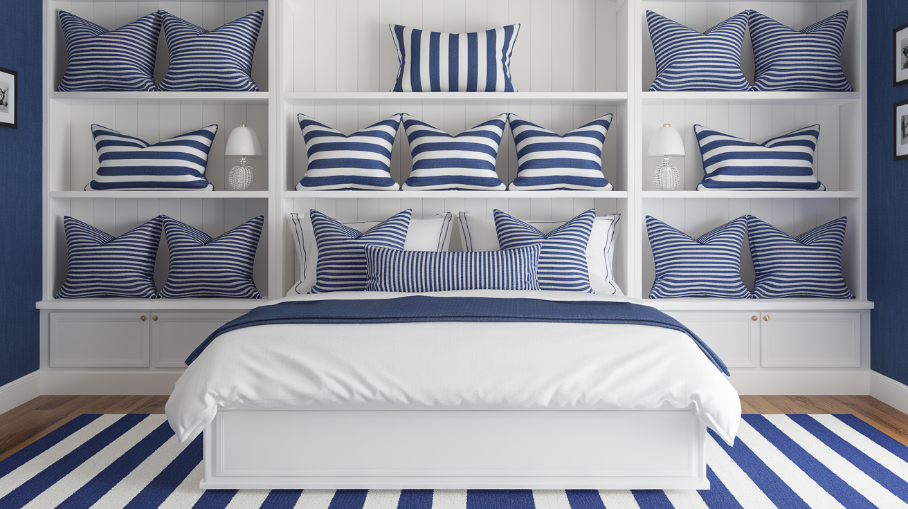 A thumbnail picture of a preppy bedroom with a white bed, blue and white striped pillows, and a blue and white striped rug. 