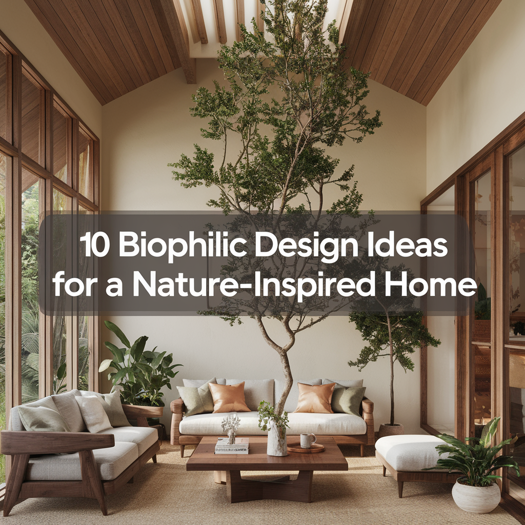 A thumbnail with the text "10 Biophilic Design Ideas For A Nature-Inspired Home". The background is a living room with a tree growing through the center. 