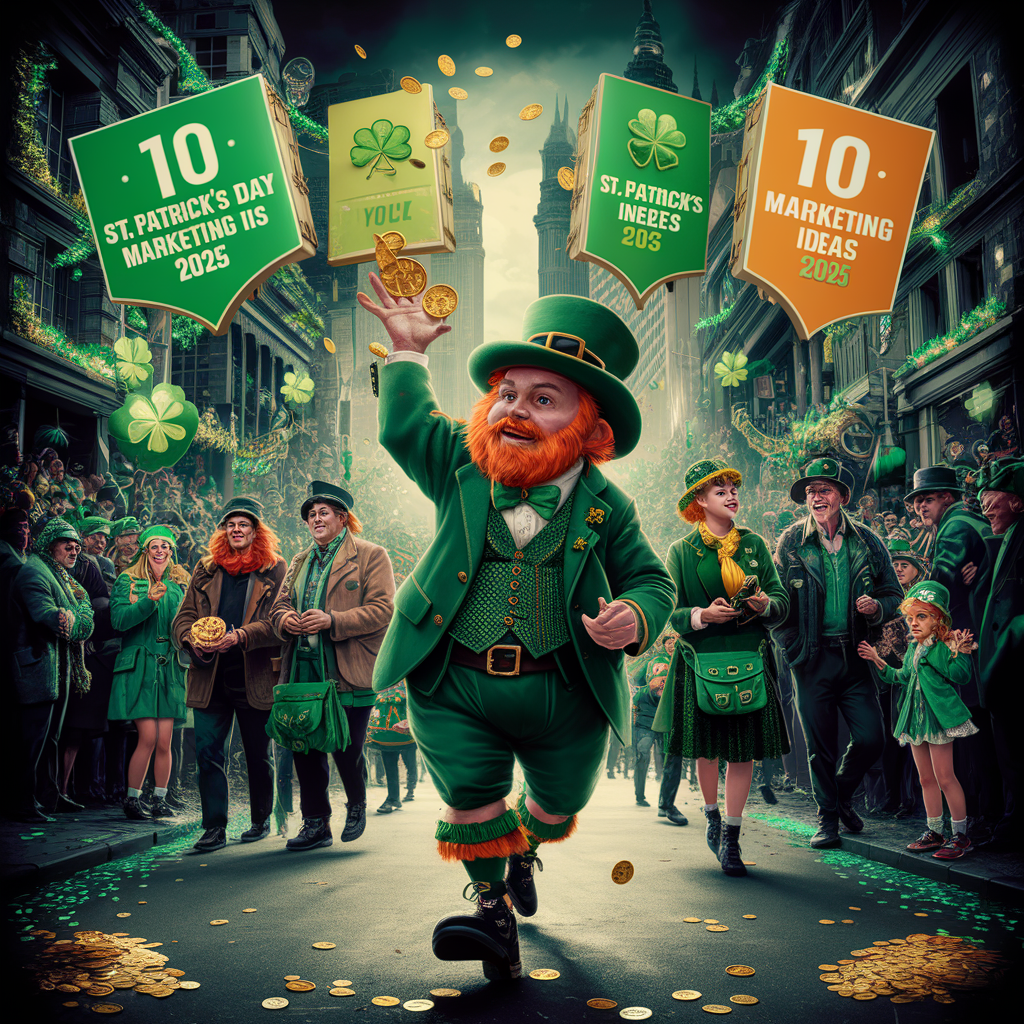 A vibrant, eye-catching digital art illustration featuring a fantastical St. Patrick's Day parade. In the foreground, a green-clad leprechaun tosses gold coins into the air, surrounded by a diverse crowd enjoying the festivities.