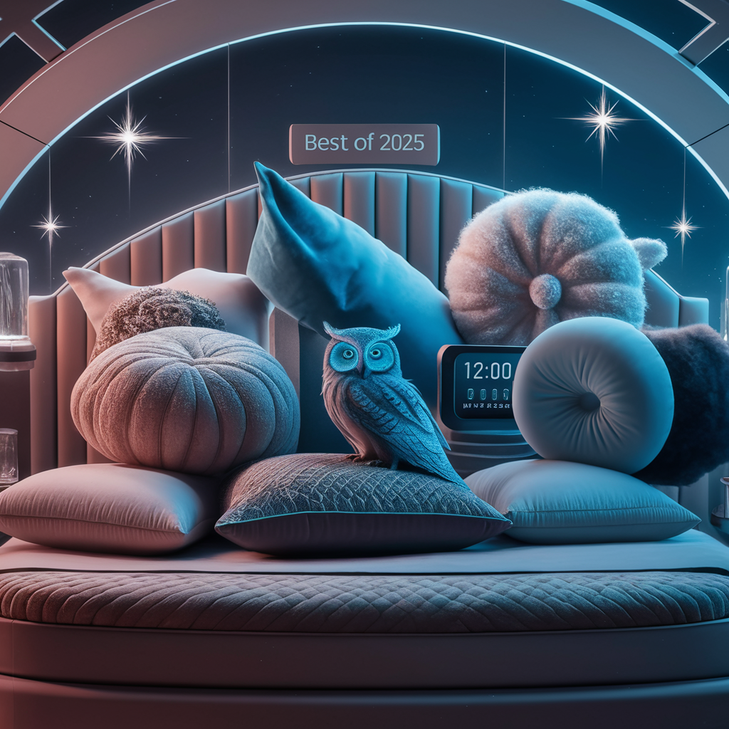 A visually stunning image featuring a futuristic bedroom with a modern design. The focus is on various best pillows of 2025, displayed on a plush bed with a sleek headboard. 