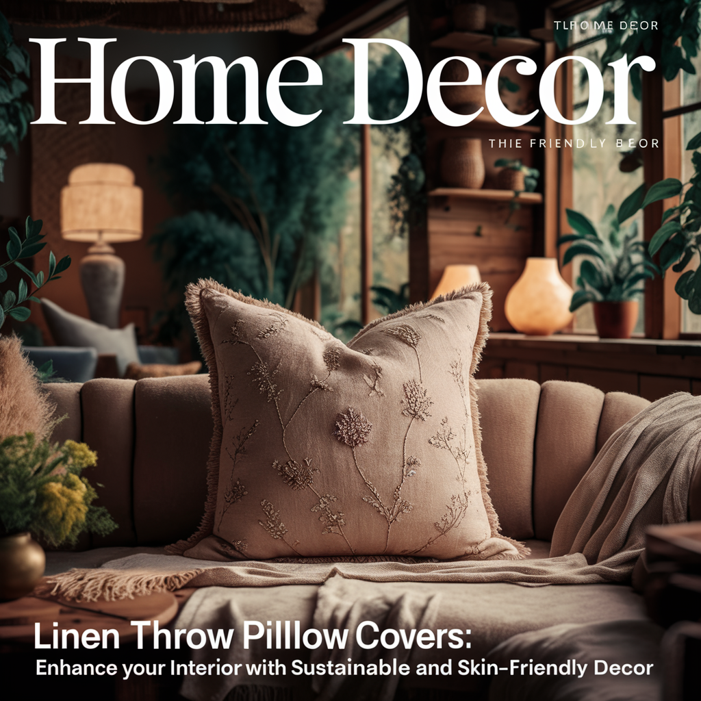 featuring a warm and inviting cozy living room. The focal point is a plush beige linen throw pillow adorned with a delicate floral pattern, sitting elegantly on a plush, earth-toned sofa.