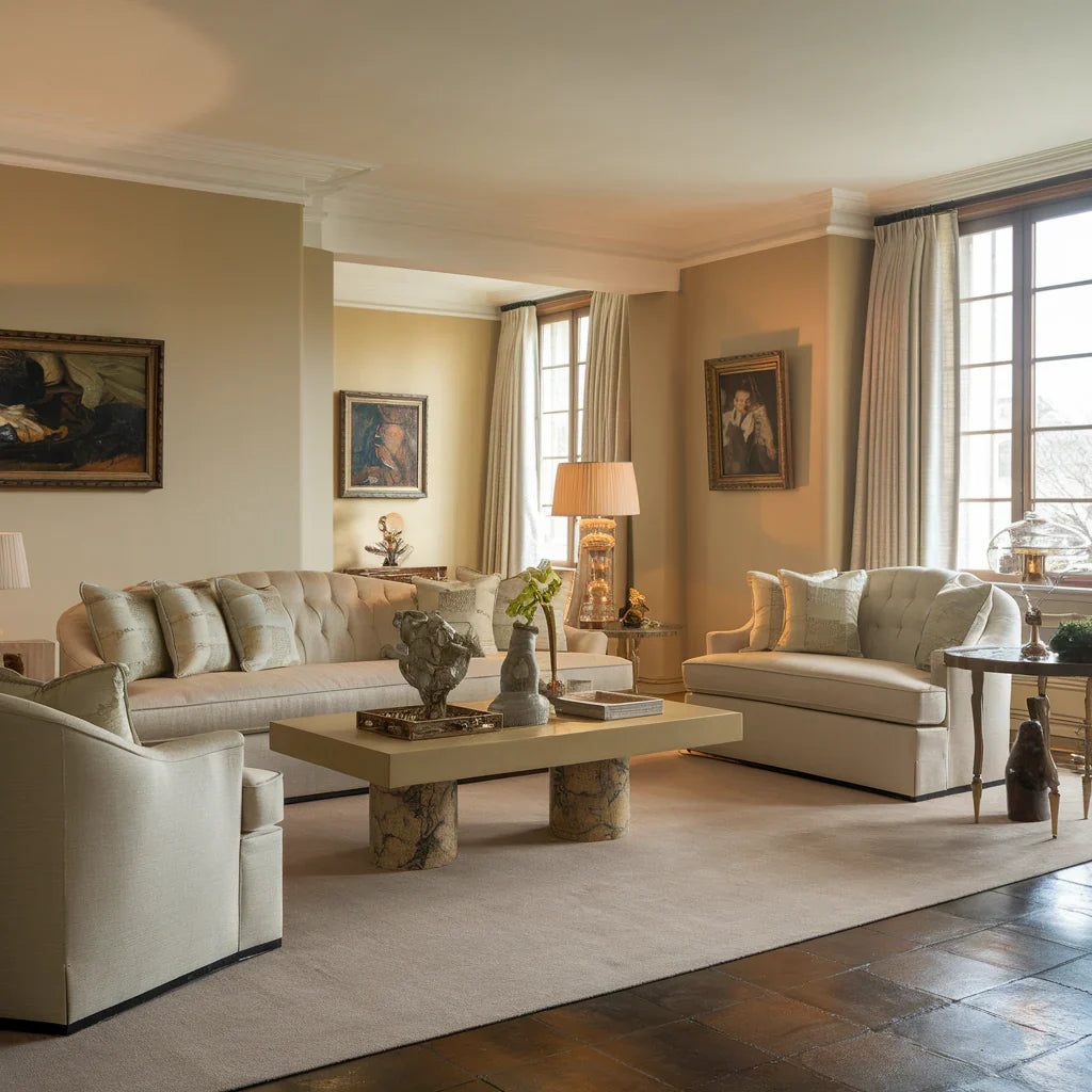 A photo of a luxurious living room with a beige sofa, a beige armchair, a beige coffee table, and a beige rug. There is a vintage lamp and a few decorative items on the coffee table. The walls are painted in a soft beige color and have a few paintings. 