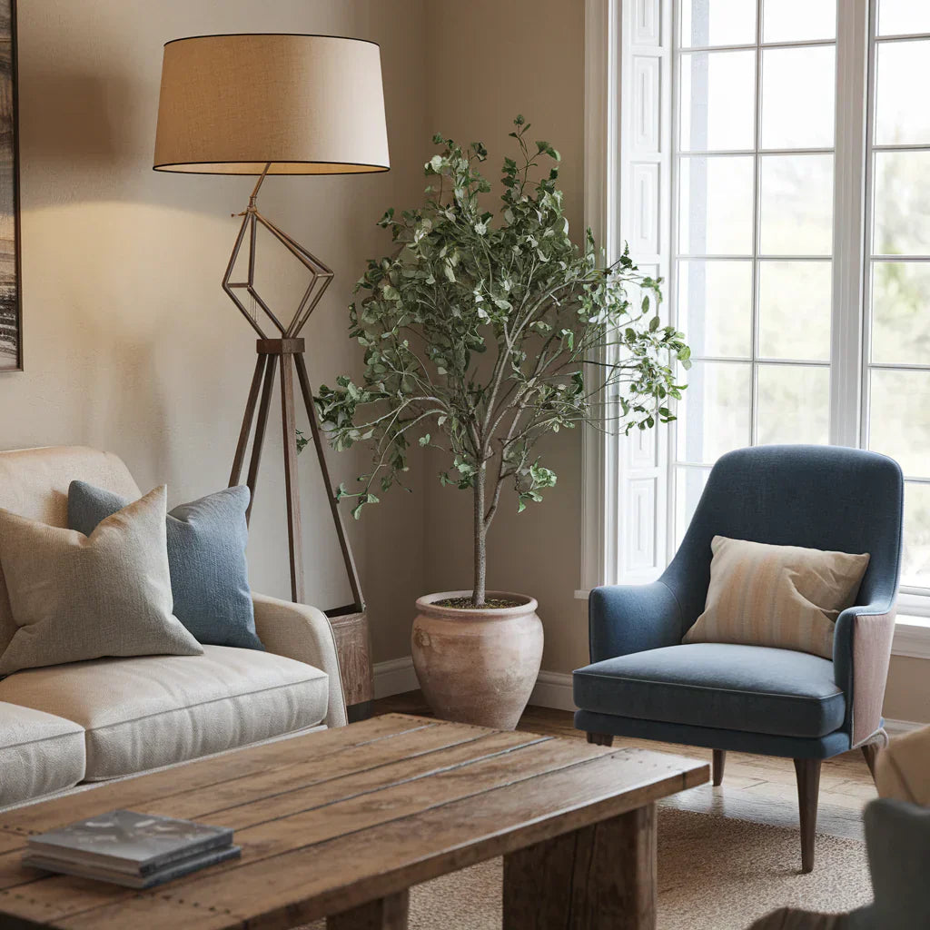 A cozy living room with a rustic atmosphere. There's a beige couch with a few pillows. A wooden coffee table is placed in front of the couch. A large, vintage-style floor lamp with a beige shade stands near the couch