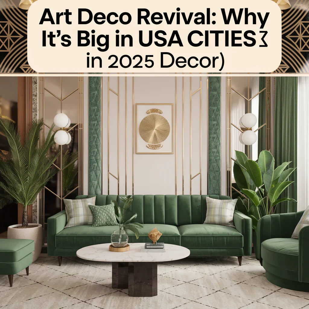 A cover picture with the text "Art Deco Revival: Why It’s Big in USA Cities in 2025 (home decor)". There's a photo of a living room with an Art Deco Revival style.