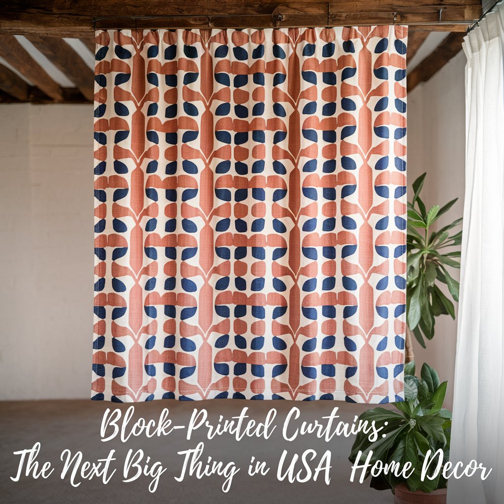 A photo of a block-printed curtain with a geometric pattern. The curtain is hanging in a room with a wooden beam ceiling and white walls. There is a pot plant next to the window.