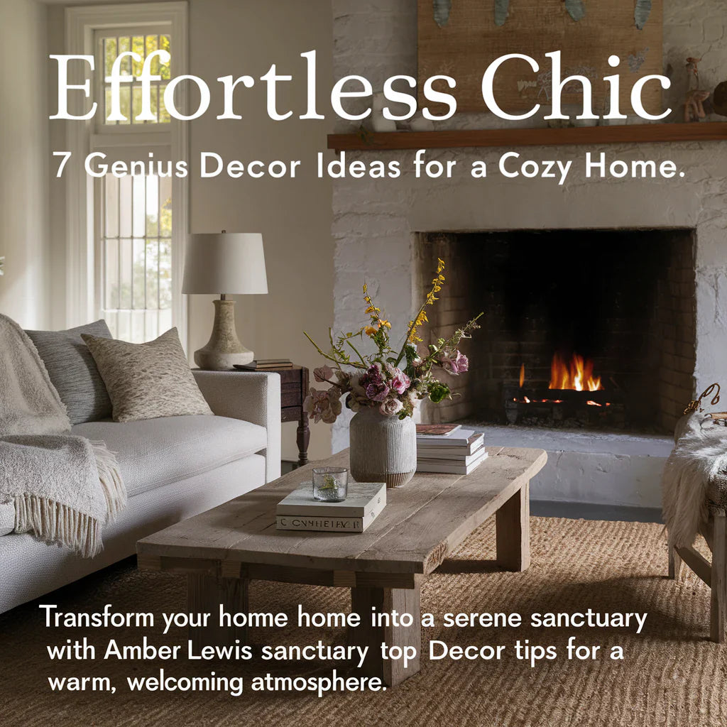 An alluring cover image of Amber Lewis' "Effortless Chic: 7 Genius Décor Ideas for a Cozy Home" showcases an inviting living space, complete with a plush sofa, a rustic coffee table, and a cozy fireplace