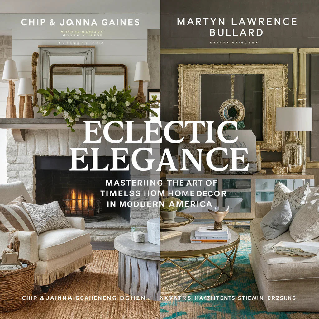 A captivating cover image featuring a harmonious blend of styles from renowned designers Chip & Joanna Gaines and Martyn Lawrence Bullard. The design showcases a tasteful combination of rustic and glamorous elements, with a cozy living room setting