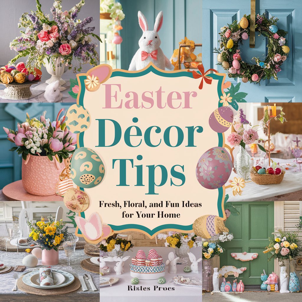 A visually appealing book cover featuring a vibrant and eye-catching design. The title, "Easter Décor Tips: Fresh, Floral, and Fun Ideas for Your Home," is displayed prominently, with a pastel color palette that evokes the spirit of Easter. 