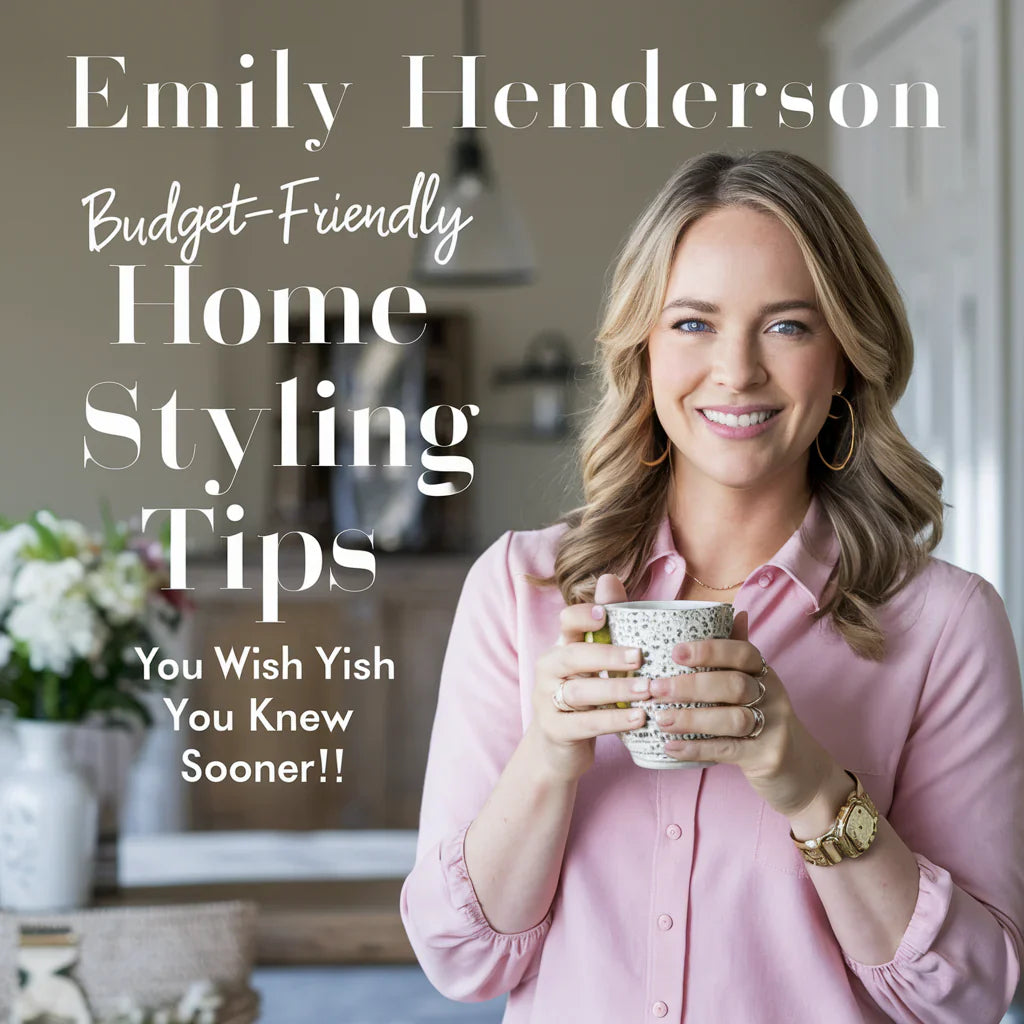 A stunning cover image featuring Emily Henderson, the queen of budget-friendly home styling, smiling confidently as she holds a chic coffee mug. Behind her, there's a beautifully designed room, showcasing her incredible home decor skills. 